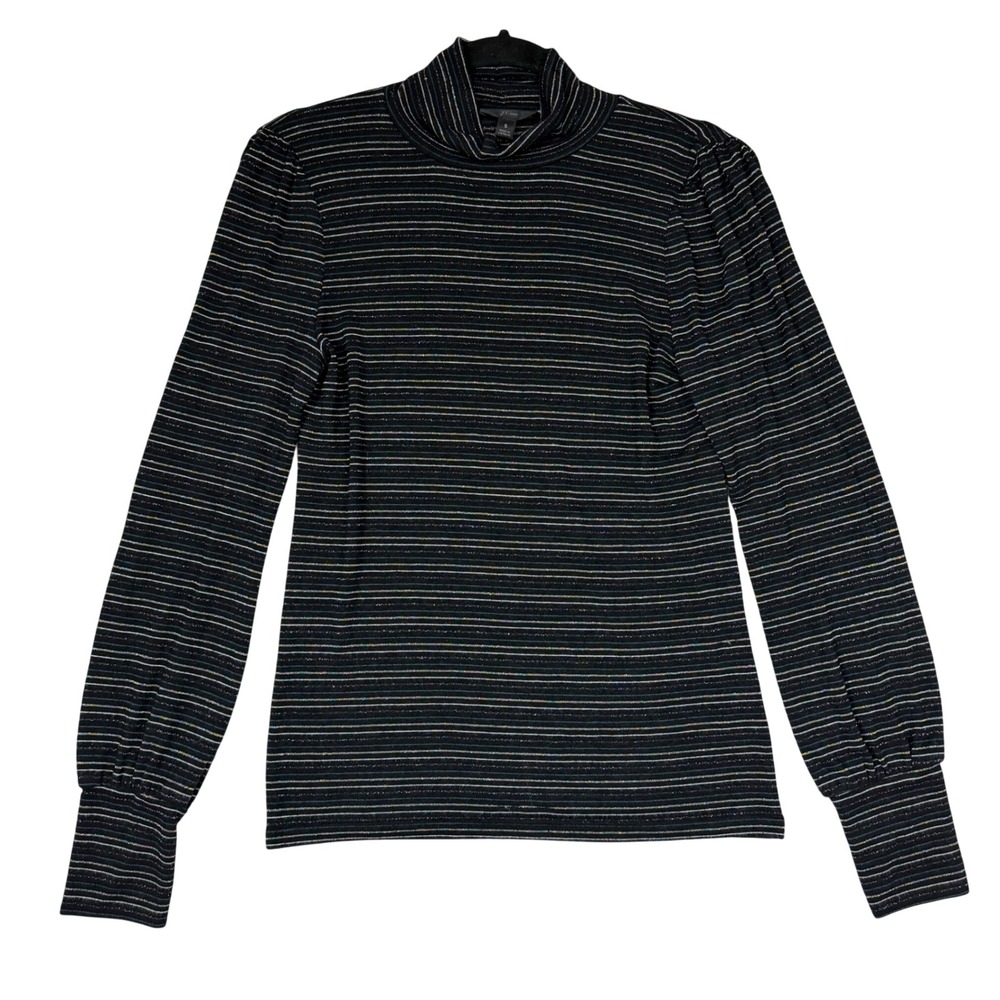 J. Crew Womens Rainbow Metallic Stripe Turtleneck Top Black Small Puff Sleeve